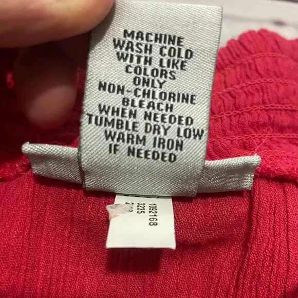 Catherines Top Womens 0X Red Embroidery Crepe Tassel Tie Smocked Neck Cotton - Picture 8 of 10